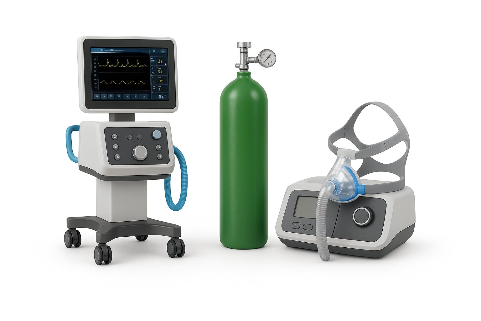 Hospital ventilator, oxygen tank, and CPAP machine